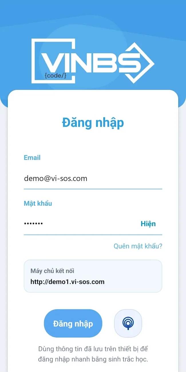 Màn hình đăng nhập app công chứng VINBS: email, mật khẩu, máy chủ kết nối và đăng nhập sinh trắc học