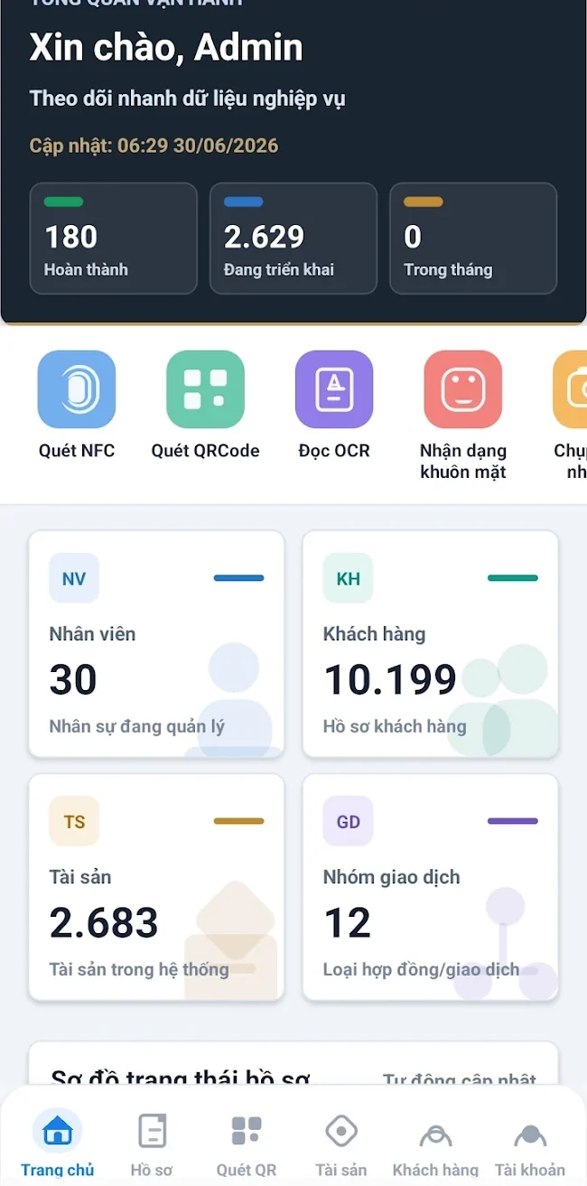 Trang chủ app công chứng VINBS: số liệu hồ sơ, các nút Quét NFC, Quét QR, Đọc OCR, Nhận dạng khuôn mặt và thẻ thống kê